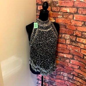 Vintage High Neck Silver Beaded Glam Top Medium